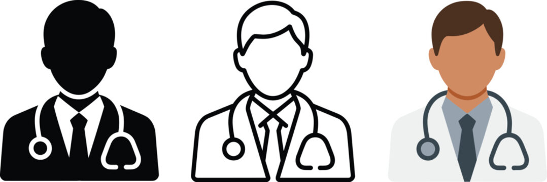 Professional male doctor avatar icon set featuring medical practitioner with stethoscope in solid black line art and color styles,