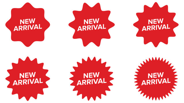 New arrival tags. Red starburst badges set. Vector