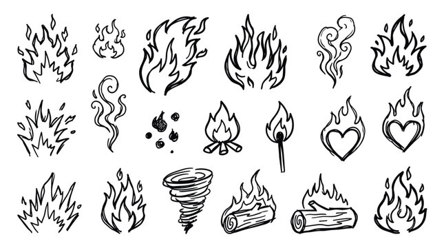 collection of hand drawn fire elements and smoke swirls isolated on white background doodle style