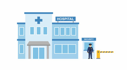 Naklejka premium A modern hospital building with a security booth and guard, depicted in a clean, flat vector illustration style for medical and safety themes
