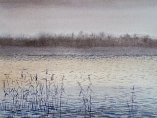 Obraz premium Minimalist watercolor-style landscape of a calm lake with delicate reeds in the foreground and a soft, misty treeline in the background