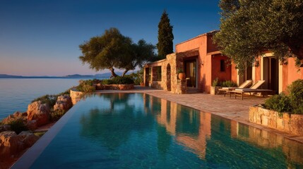 Obraz premium Luxury Mediterranean Villa with Infinity Pool and Coastal Sunset View