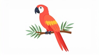 Fototapeta premium Scarlet Macaw Perched: A vibrant scarlet macaw with striking red plumage perches elegantly on a leafy branch, its keen eye observing its surroundings with curiosity and grace.