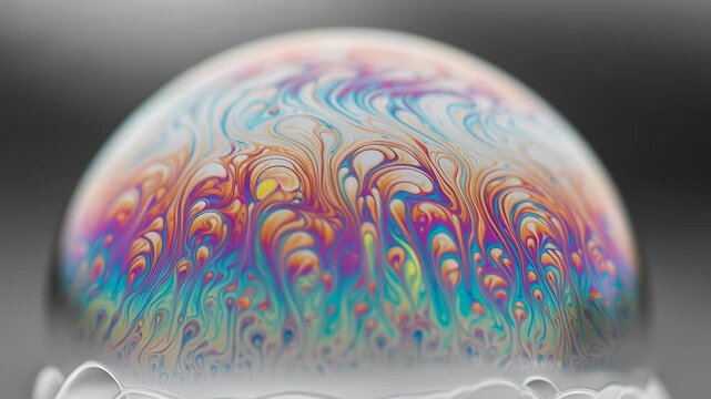 Bubbles are created and captured in close-up. Colors change with light as the bubble shifts. The patterns form and shift, creating a display of color and texture