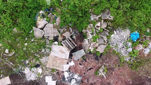 Aerial view of rural outdoor rubbish and construction debris