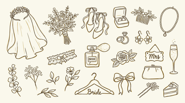Hand drawn wedding elements collection bridal accessories veil bouquet shoes rings perfume and cake sketch isolated on beige background