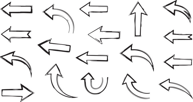 A comprehensive collection of black hand-drawn doodle arrows featuring a variety of styles, including curved, straight, arched, and U-turn pointers on a white background.