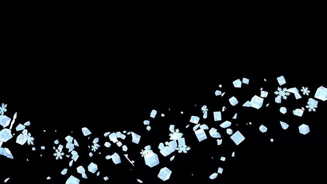 Ice flakes, ice cubes, and small ice fragments flow in streams against a black background. 4K resolution.