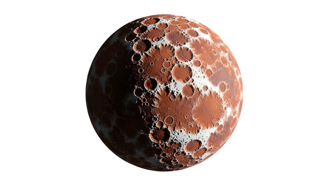 High-resolution image of Mars planet surface with craters on transparent background