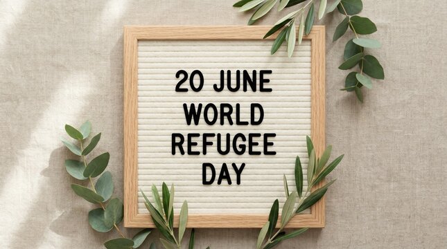 World refugee day message on wooden board with date june twenty flat lay composition with leaves for awareness campaign social media banner design