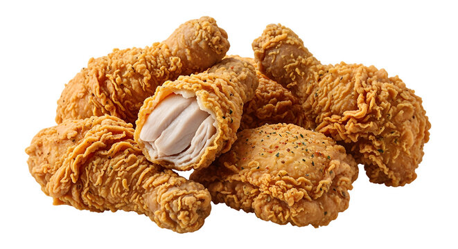 Crispy fried chicken pieces with one cut open showing tender meat on transparent background