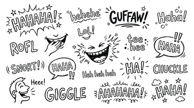 Collection of hand drawn laughter sounds and expressions representing joy happiness and amusement in a doodle art style