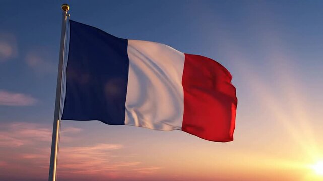 French flag waving proudly against a golden sunset sky, cinematic national symbol of france tricolor