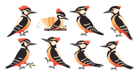 Obraz premium Collection of Vibrant Illustrated Woodpeckers in Various Poses and Natural Settings.
