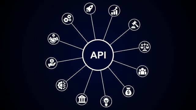 Abstract API (Application Programming Interface) technology network connection concept on dark background.