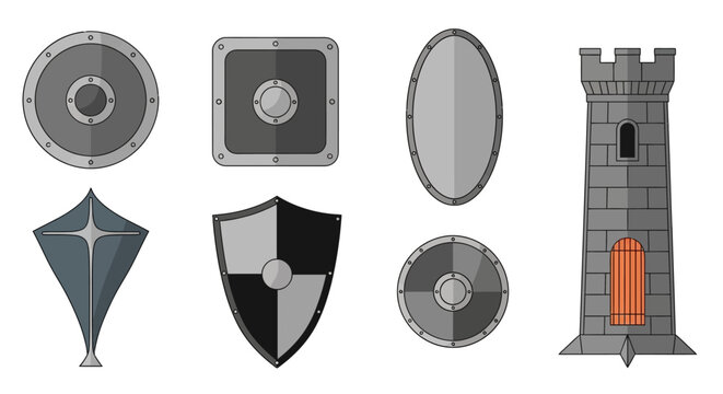 Collection of Medieval Shields and Castle Tower Vector Illustration.