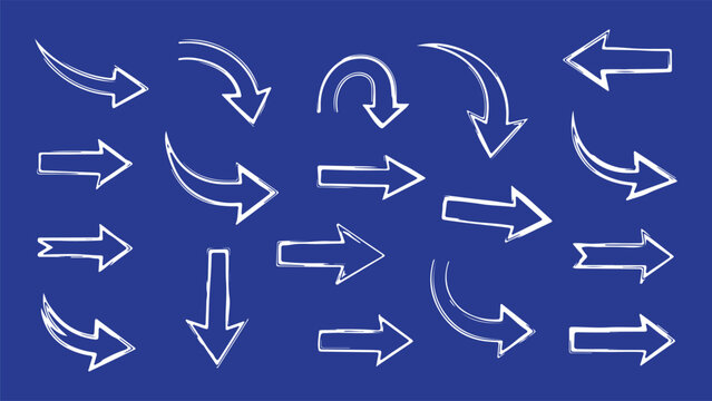 A versatile collection of white hand-drawn doodle arrows featuring various styles, including curved, straight, arched, and double-lined pointers.