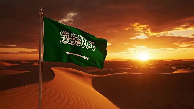 Saudi arabia flag waving in the wind over desert sand dunes at sunset, cinematic middle eastern landscape background