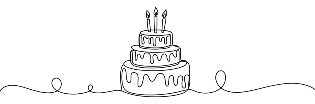 Continuous one line drawing birthday cake with candles sweet celebration torte pastry confectionery icon simple linear style minimal elegant vector illustration.