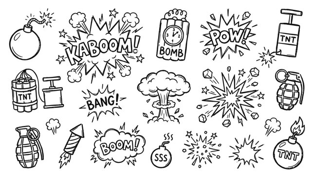 Explosion comic style doodles hand drawn collection of bombs and blasts with sound effects like kaboom and bang