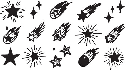 A creative collection of black hand-drawn celestial icons featuring twinkling stars, sparkling bursts, and shooting comets on a clean white background. © crea8ive