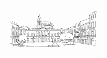 Obraz premium Sketch of a European city square with ornate buildings and trees