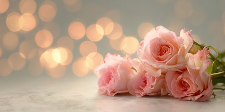The Pink Roses Resting on Soft Surface with Warm Bokeh Lights in Background