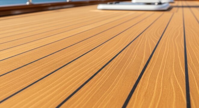 Close-up view of rich golden-brown teak wood grain with dark inlaid lines, showcasing natural texture and marine deck detail.