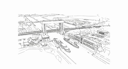 Obraz premium Aerial sketch of a canal with boats and bridge infrastructure