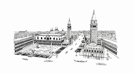 Obraz premium Sketch of Venice's iconic square with bell towers, palaces, and gondolas