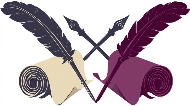 Stylized crossed quills and scrolls in muted purple and beige tones, on a white background