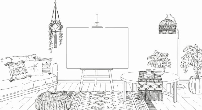 Bohemian living room with couch, rug, table, plants, and easel