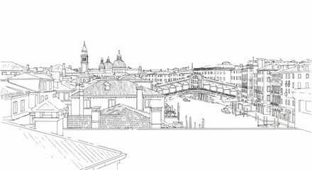 Fototapeta premium Panoramic sketch of a European city with canals, bridges, and domed buildings