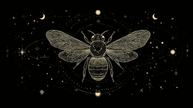 Luxury gold bee engraving on black celestial background, elegant symbolic illustration perfect for premium branding, packaging, posters, and sophisticated design projects