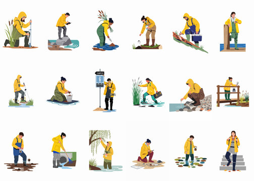 Collection of Scientists and Researchers Conducting Environmental Field Work in Wetlands, Sampling Water, Soil, and Plants in Protective Yellow Gear