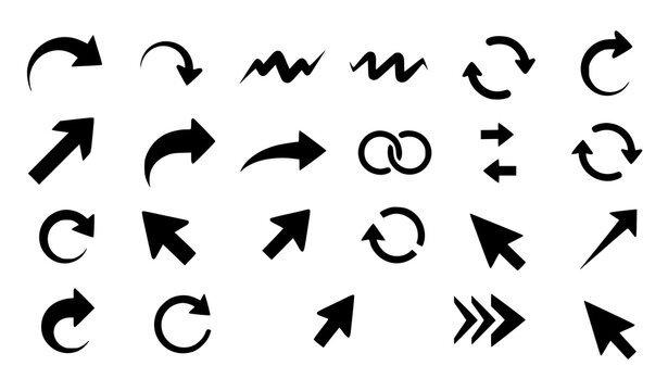 Modern black arrow icons vector collection with cursor and direction symbols isolated on white background