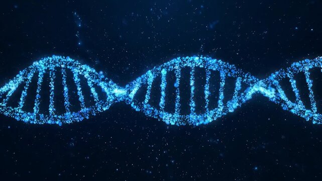 Glowing blue d n a helix molecule rotating in dark space with shimmering particles science technology medical