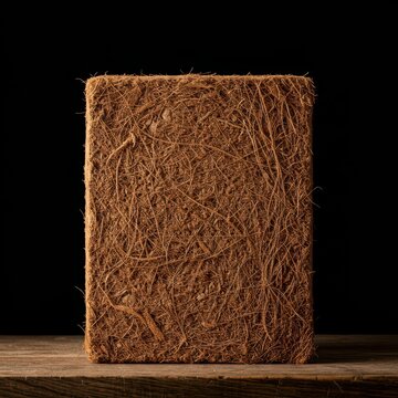 Dry compacted block of coconut coir fiber, a natural growing medium, ready for rehydration and use in organic gardening and farming, water, agriculture, medium