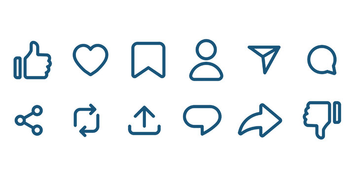 Like, comment, and share icon in line design. Love, Thumbs up, speech bubble, and arrow repost Editable stroke, Solid & outline sign symbol