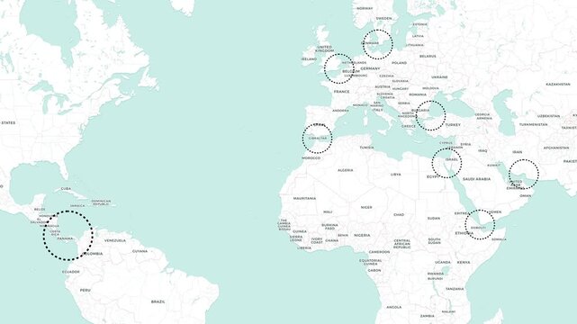 Interactive world map highlighting global shipping chokepoints in digital motion footage