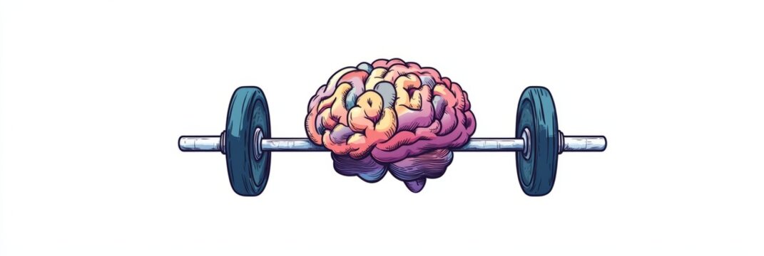 Colorful brain illustration designed as a barbell, symbolizing the connection between mental strength and physical fitness, showcasing creativity and innovation in visual storytelling