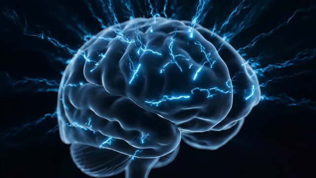 Glowing blue neural network energy pulsing through a transparent human brain model symbolizing cognition thought