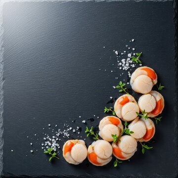 Fresh raw scallops arranged on a slate background, ready for cooking. High protein seafood delicacy for upscale dining preparation, ocean food, preparation, marine