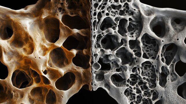 Micro-CT scan visualization of human bone trabecular structure showing progressive deterioration due to scurvy-induced collagen failure
