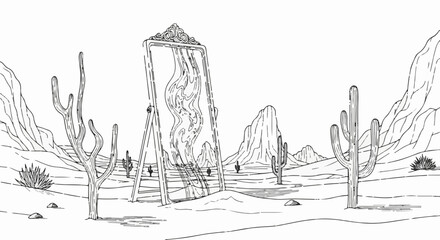 Obraz premium Ornate mirror reflects distorted desert landscape with saguaro cacti