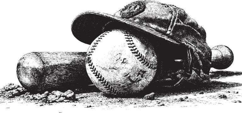 A vector illustration of baseball equipment consisting of a cap, ball, and bat. This vector illustration can be used in any size you like for advertising, logos, and other work.