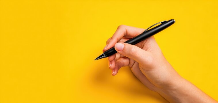 The Pen Held by Hand Over Bright Yellow Background With Ample Copy Space