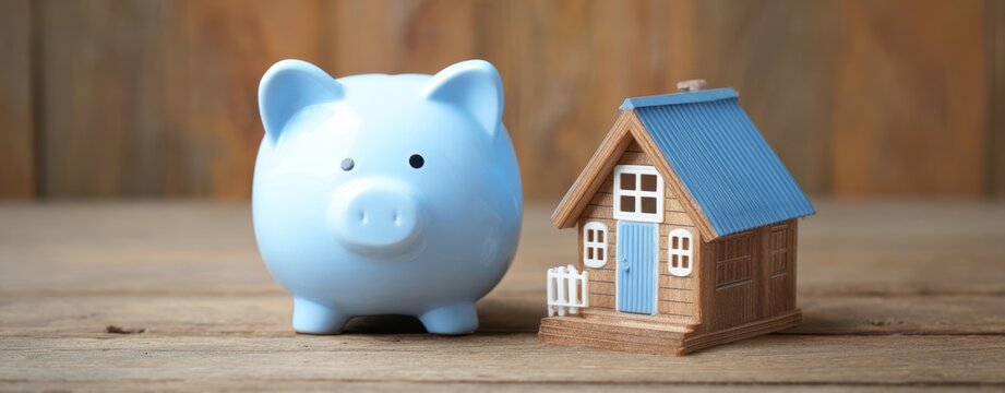 The Piggy Bank Beside a Miniature Wooden House Symbolizing Home Savings and Financial Planning