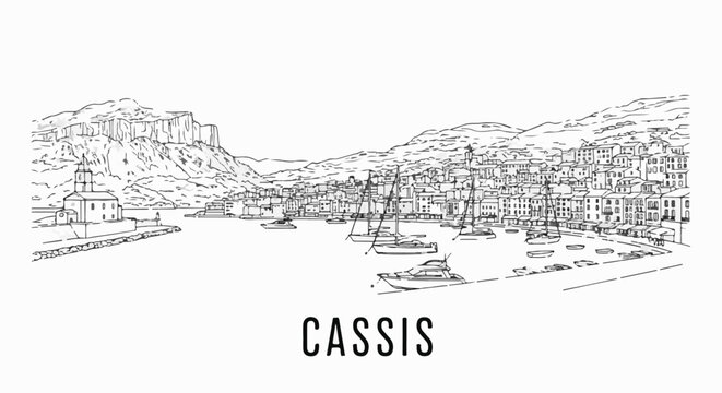 Sketch of a coastal town with boats in the harbor and a prominent church
