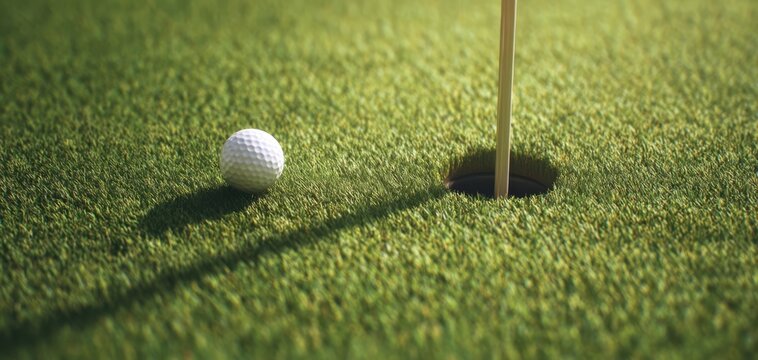 The Golf Ball Near the Cup on a Sunlit Putting Green at Dawn